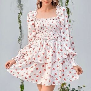 Allover Heart Print Shirred Waist Layer Hem Dress